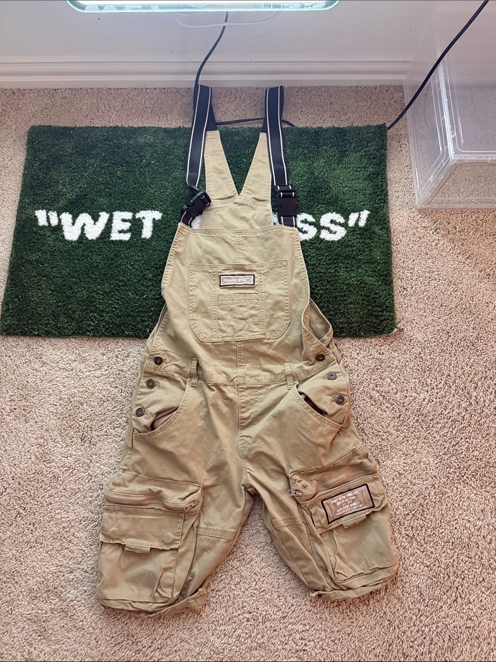 Utility Cargo Shortalls in Khaki with Black Straps